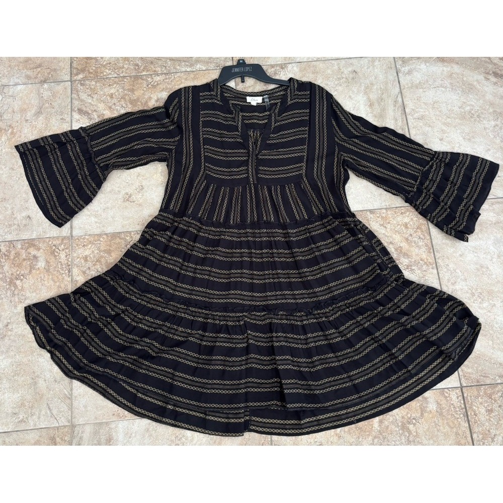 Elan Women's Large Boho Midi Dress Black Gold Stripe Bell Sleeve Tiered Rayon